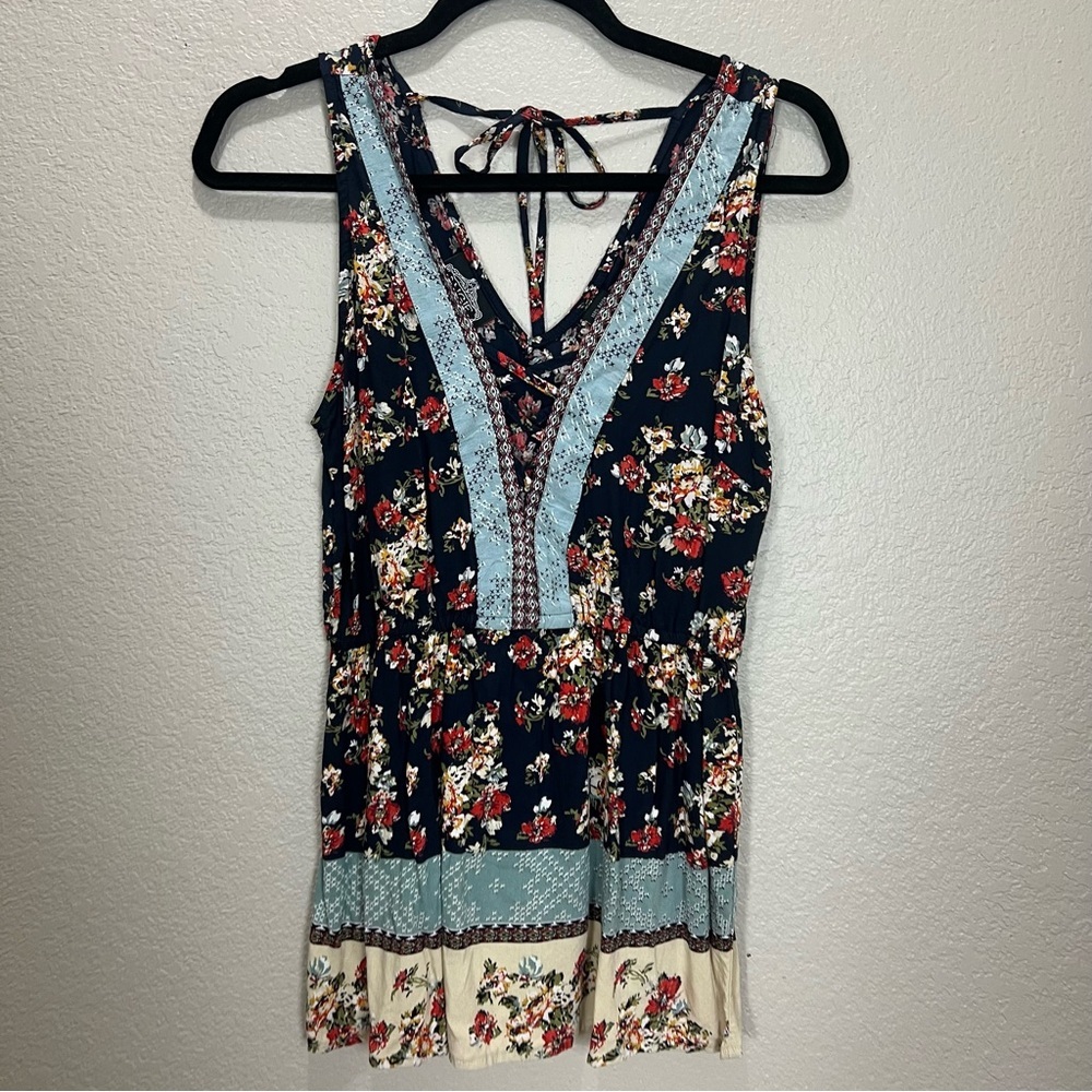 Angie Top Blouse Womens Medium Floral Blue Sleeveless Cottagecore Farm Boho